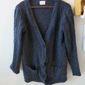 Blue Grey Long Wool Blend Cardigan w/Patches